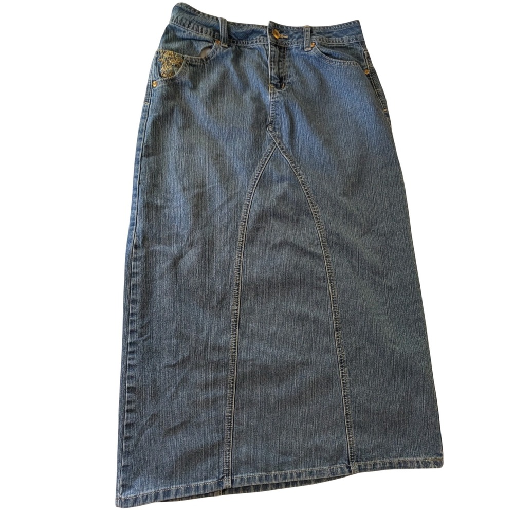 Cato Denim Maxi Skirt Blue Embroidered Long Jean Skirt Gold Floral Pockets Sz 4